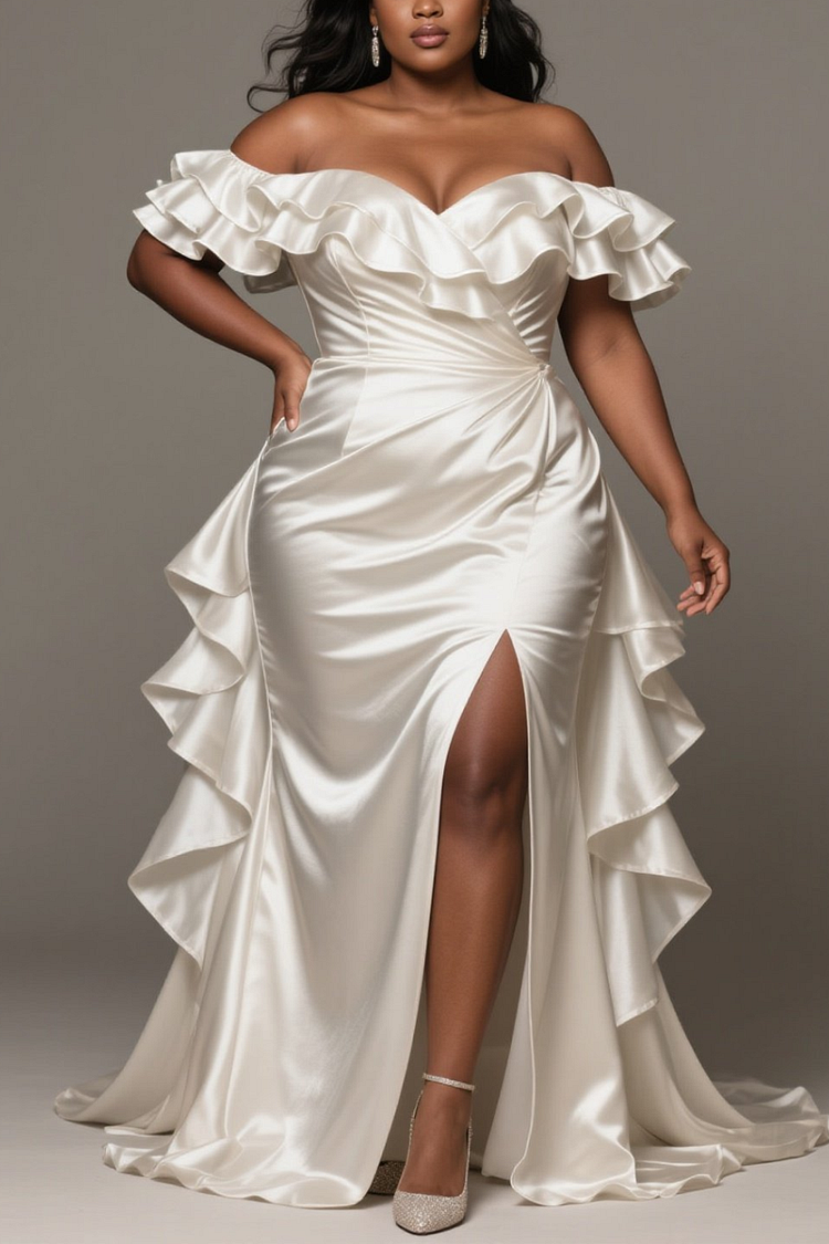 Xpluswear Design Plus Size Wedding White Off The Shoulder Split Elegant Ruffle Satin Maxi Dresses [Pre-Order]