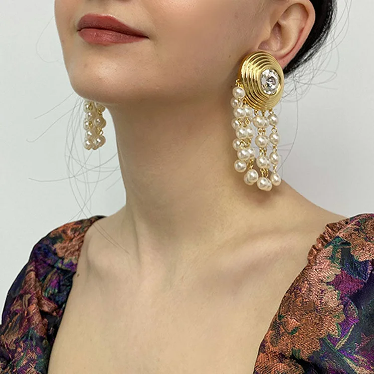 Large Rhinestone Pearl Tassel Earrings