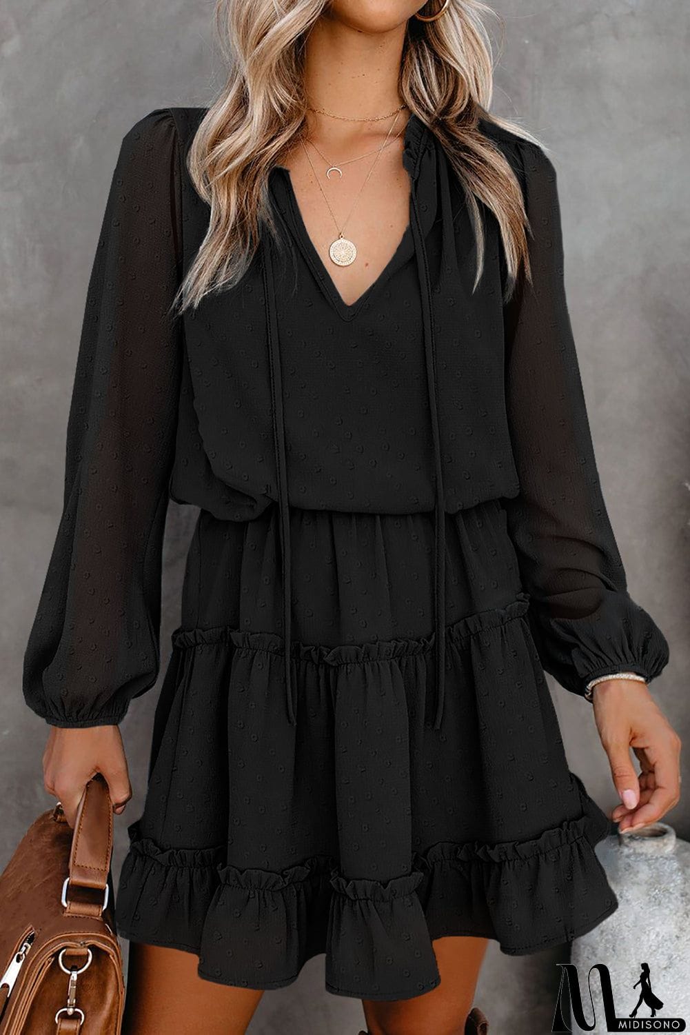 MidiSono - Swiss Dot Bubble Sleeve Ruffle Mini Dress