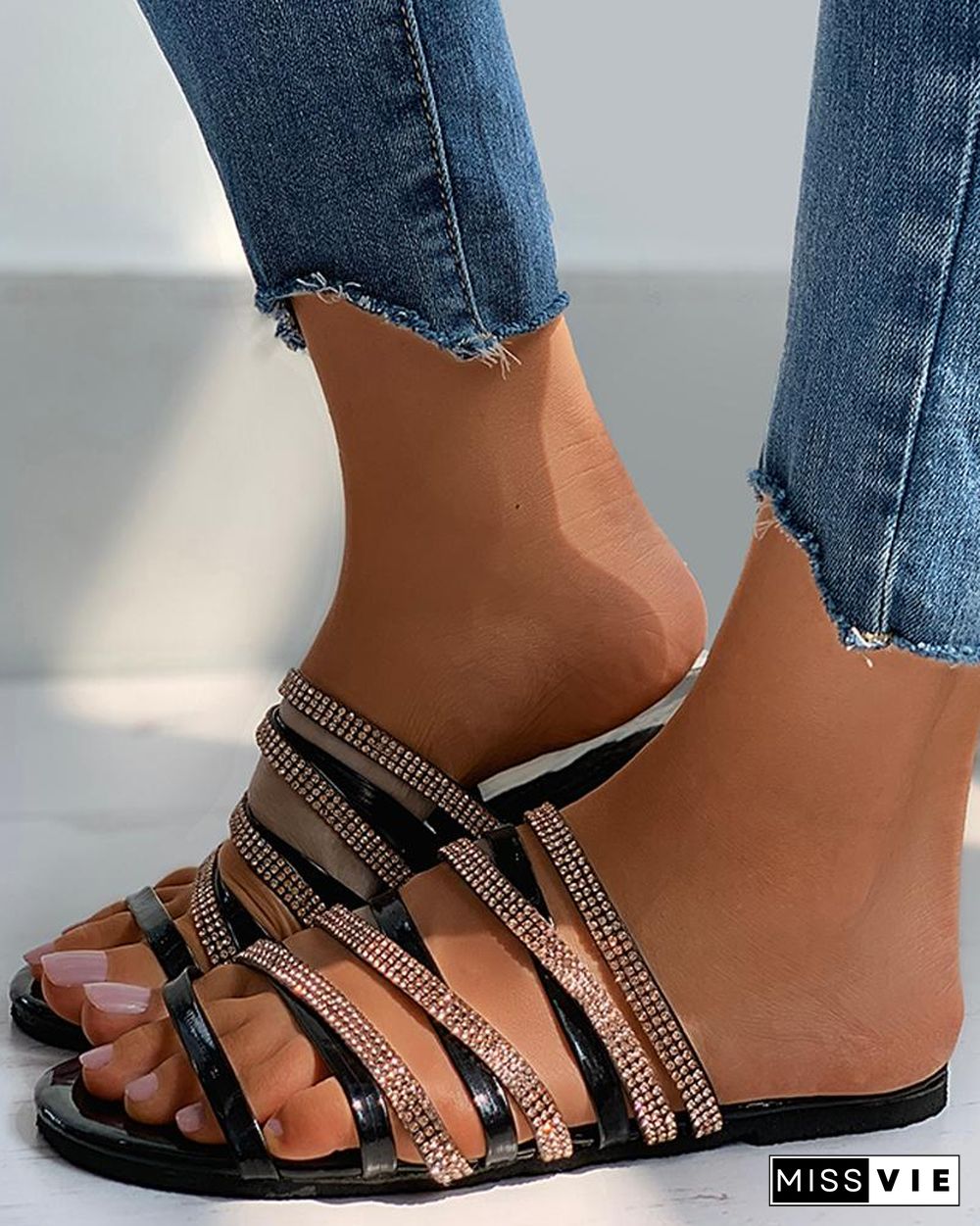 Strappy Studded Open Toe Flat Sandals