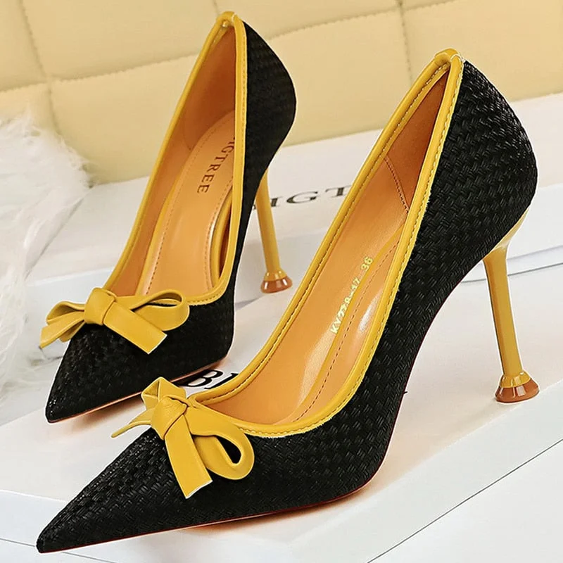 BIGTREE Shoes New Bowknot Woman Pumps Pointed Toe High Heels Designer Shoes Weave Stiletto Heels Female Shoes Fashion Footwear