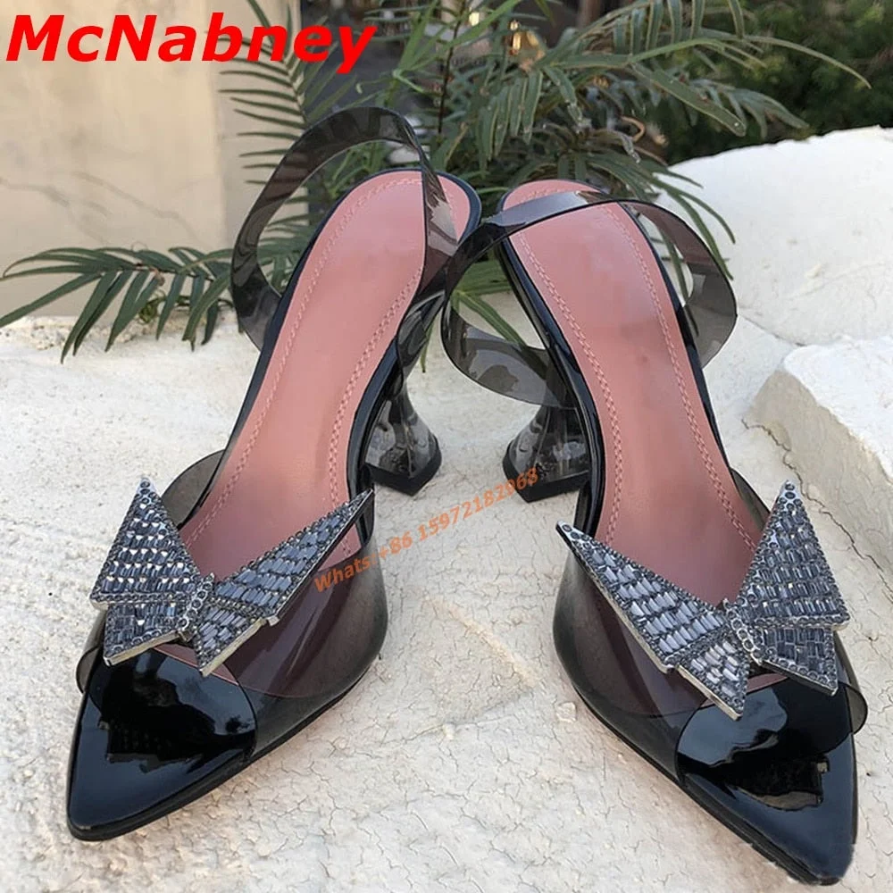 Sexy New Summer Crystal Bow Sandals Pointy Toe PVC Strange Style Women Shoes Slingback Solid Straps Sandals Party Dress Designer