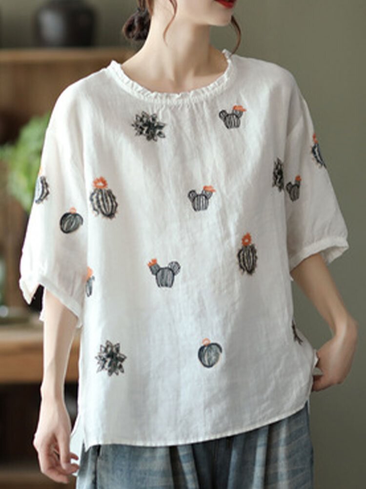 Embroidery O neck Half Sleeve Loose Vintage T shirt for Women P1858166