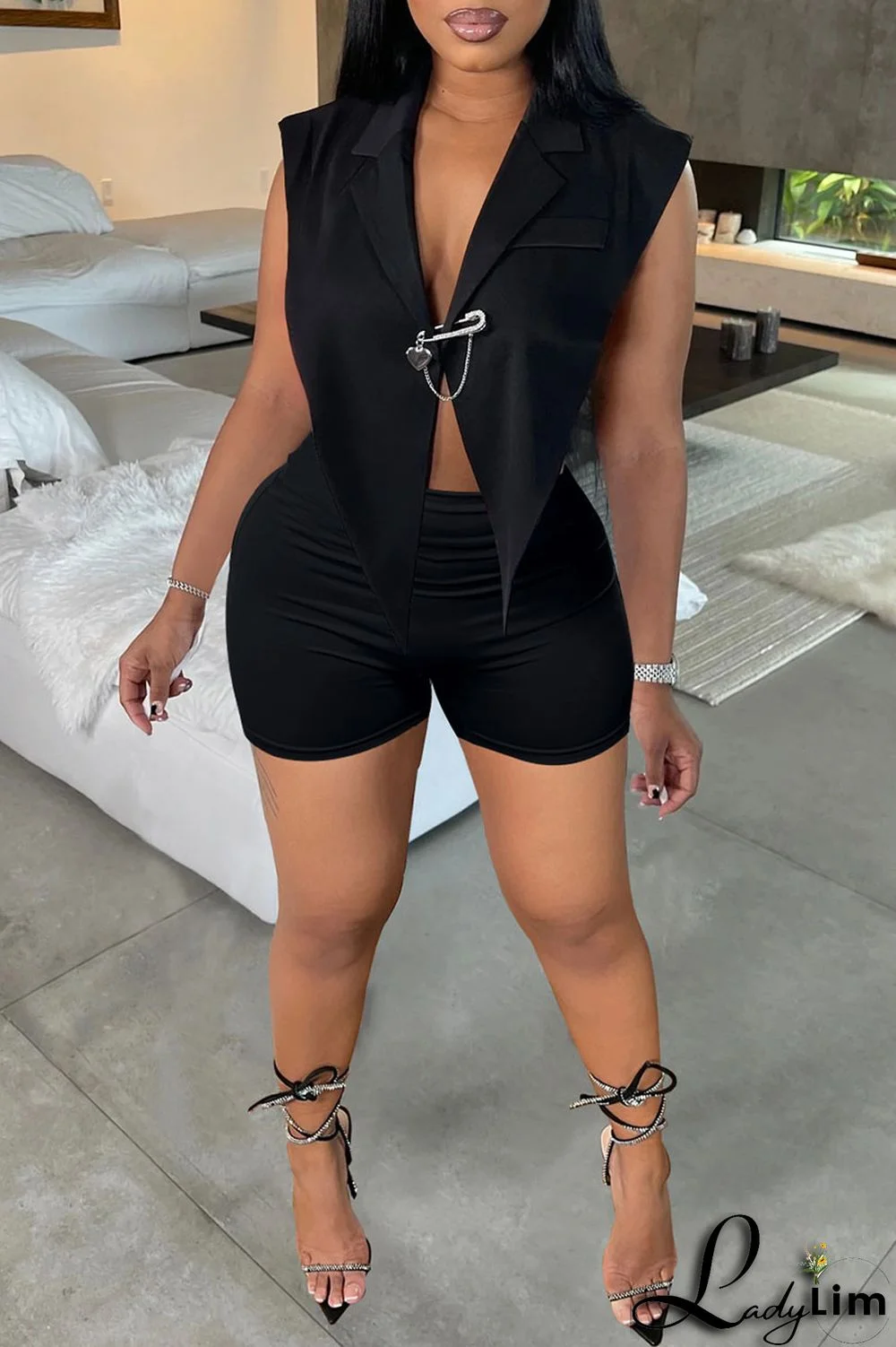 Black Sexy Solid Backless Asymmetrical V Neck Sleeveless Two Pieces