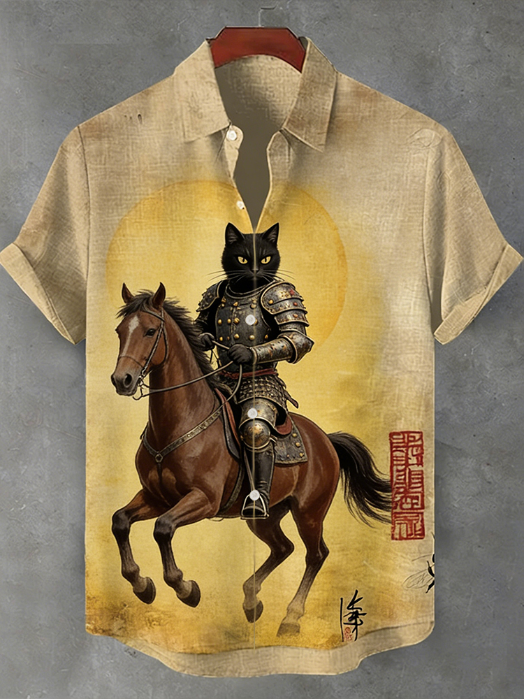 Men's In Armor With A Cat Riding A Horse Printed Short-sleeved Shirt  artssus