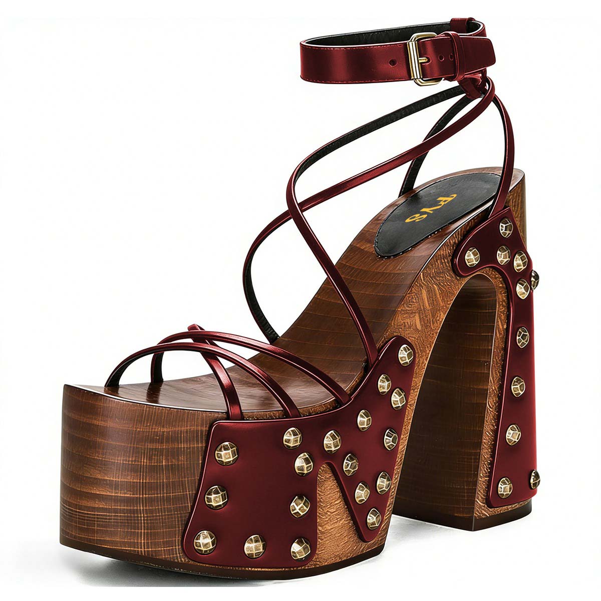 Maroon Open Toe Studded Platform Chunky Heel Strappy Sandals Nicepairs