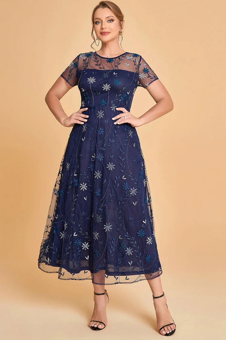 Flycurvy Plus Size Mother Of The Bride Navy Blue Mesh Plant Floral Embroidery See-Through Tea-Length Dress  Flycurvy [product_label]
