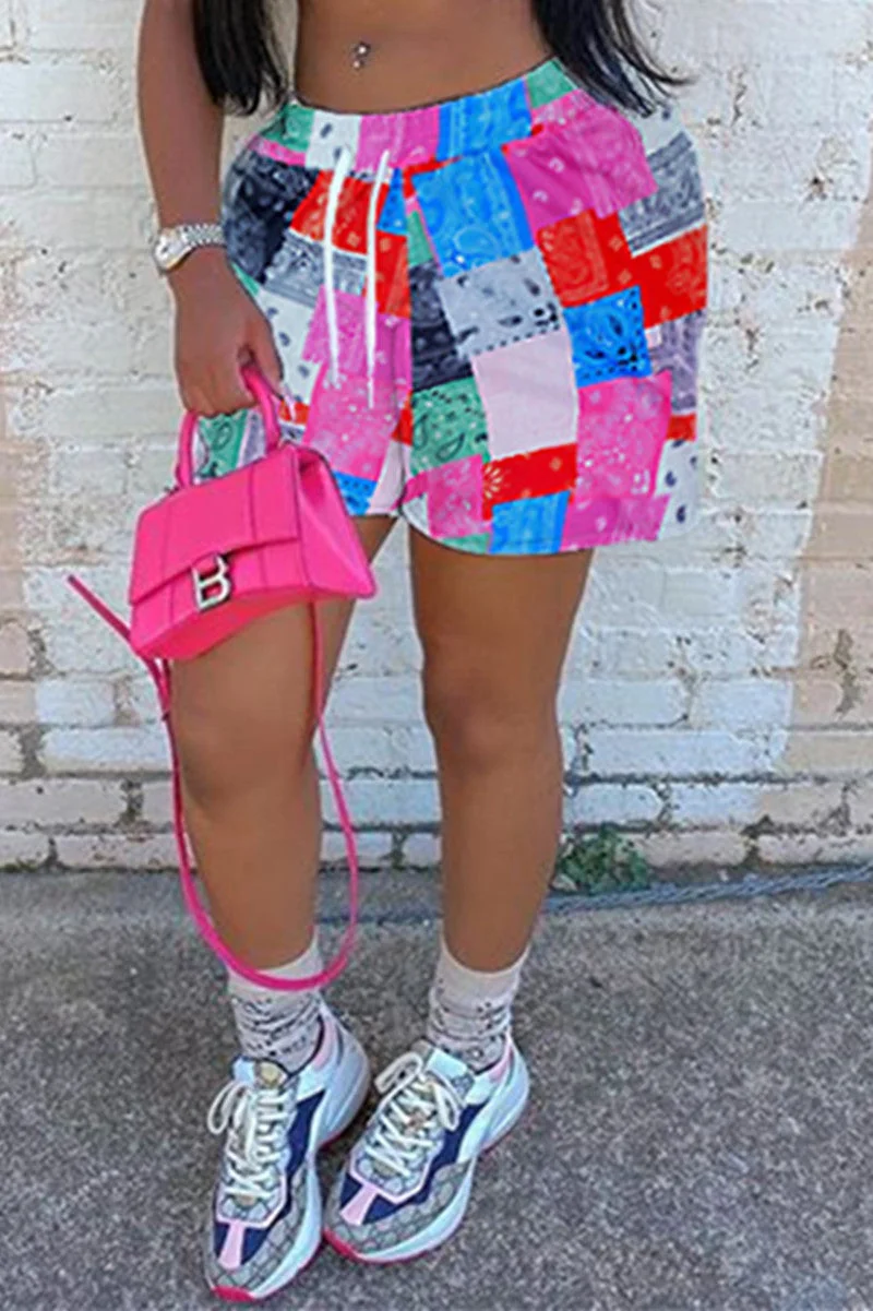 Drawstring Mid Plaid Print Straight shorts Bottoms