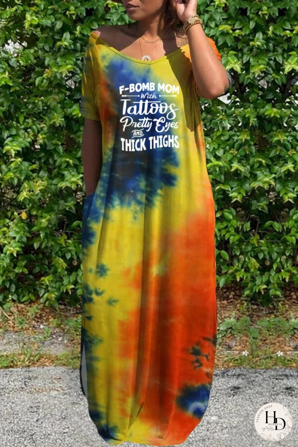 Orange Casual Letter Print Tie-dye V Neck Short Sleeve Dress Dresses