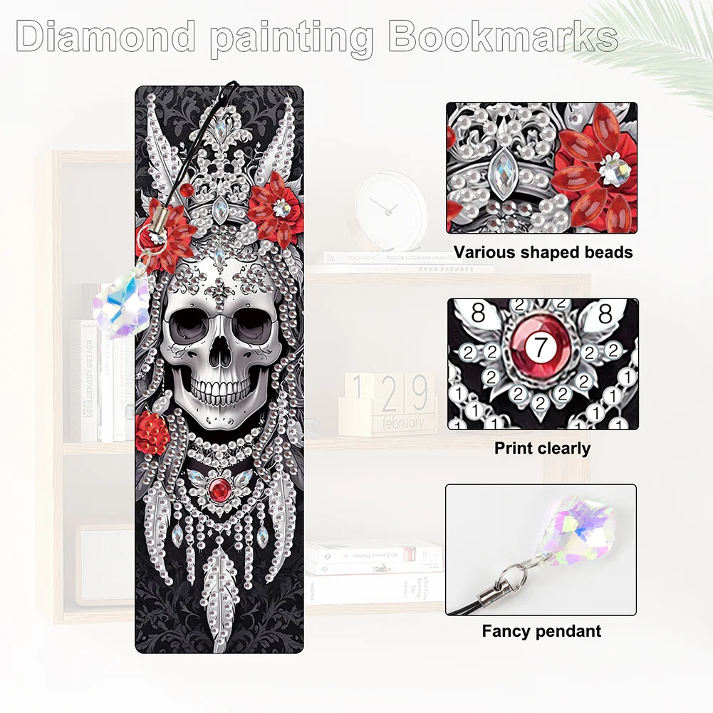 8Pcs DIY Skull Diamond Painting Art Bookmarks with Crystal Pendants for Gift