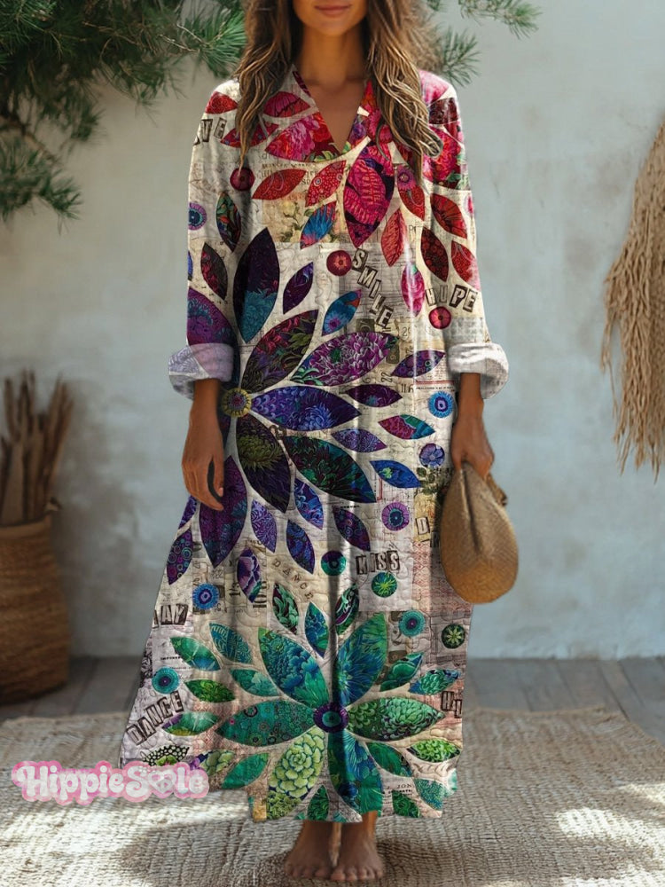 Patchwork Floral Art Printed Women’s Dress Multicolor / S