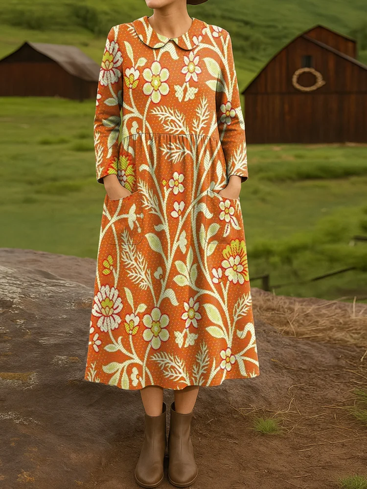 Women's Ethnic Floral Art Print Cotton Lapel Button-Down Shirt Dress