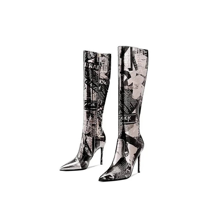 Grey Stiletto Boots Pointed Toe Knee High Boots |FSJ Shoes