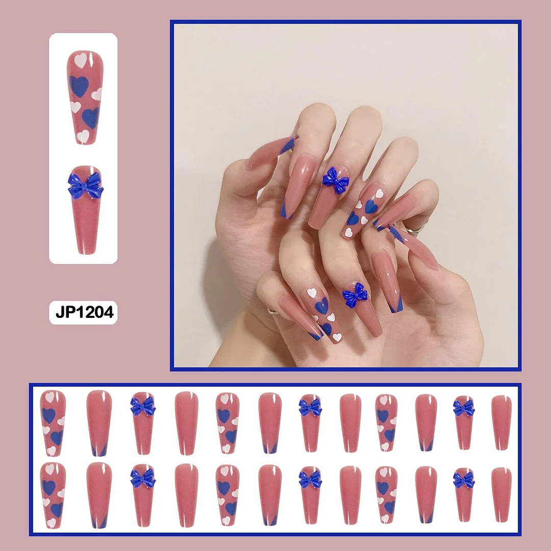 Three-dimensional bow flowers sweet heart shaped long trapezoidal wearable nail fake nails-Nail Inspo
