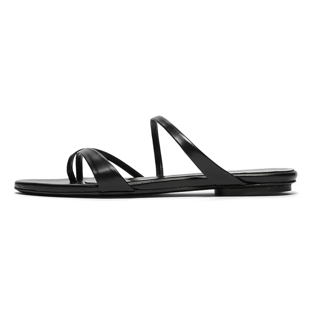 Classic Black Strappy Flip Flop Open Toe Flat Mules for Women