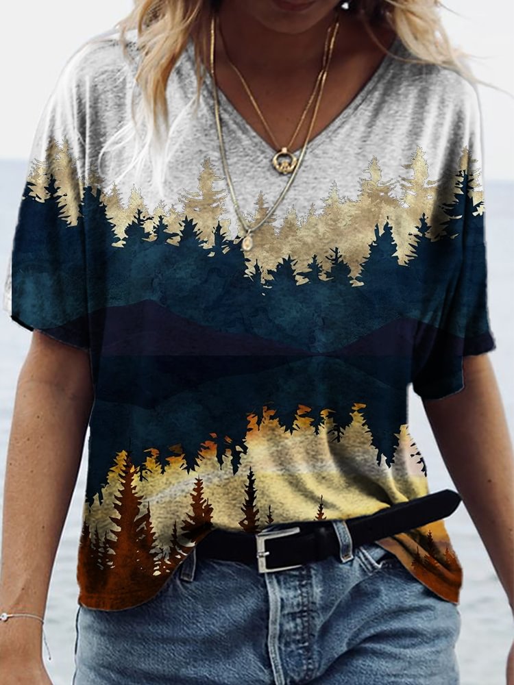 Vefave Forest Lanscape Colorblock Art T Shirt