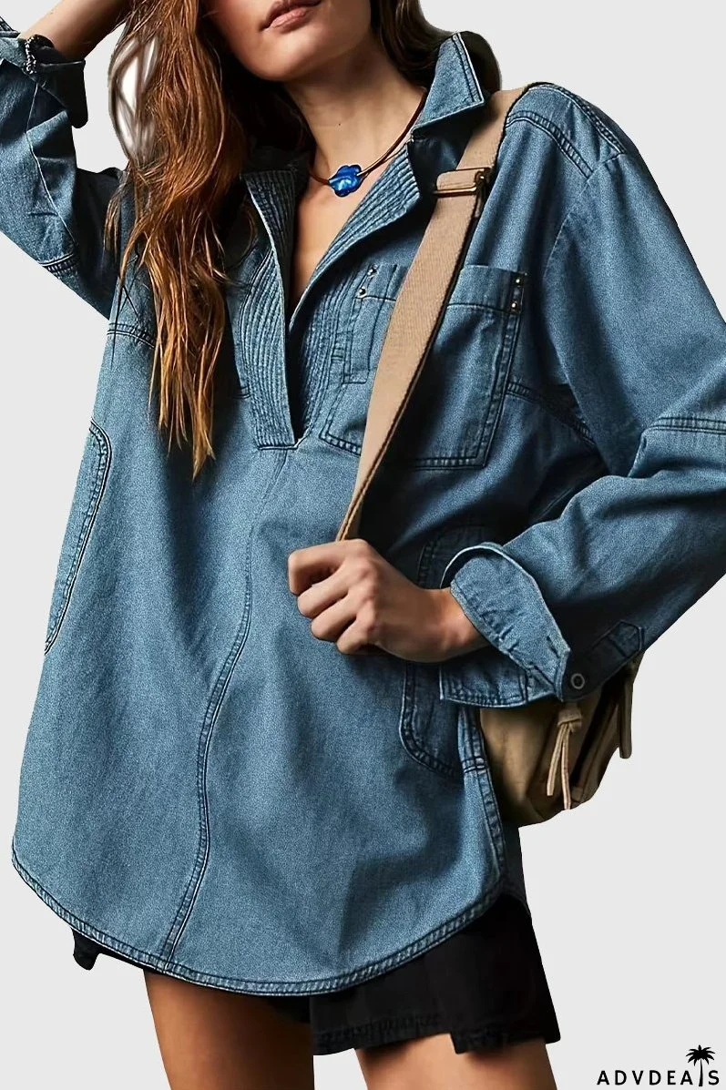 Casual Street Distressed Pocket Turndown Collar Long Sleeve Loose Fit Denim Jacket