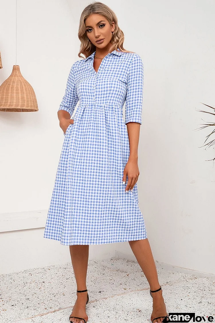 Plaid Collared Neck Midi Dress