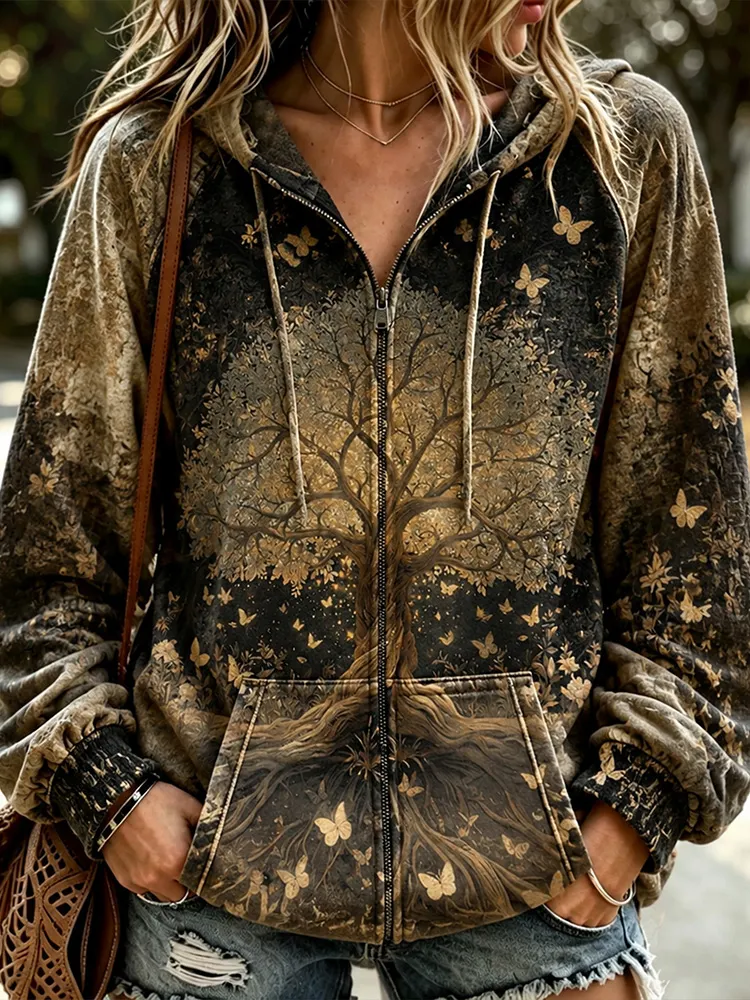 Women's Viking Retro Bohemian Style Washed Mysterious Tree Of Life Butterfly Print Hooded Sweatshirt