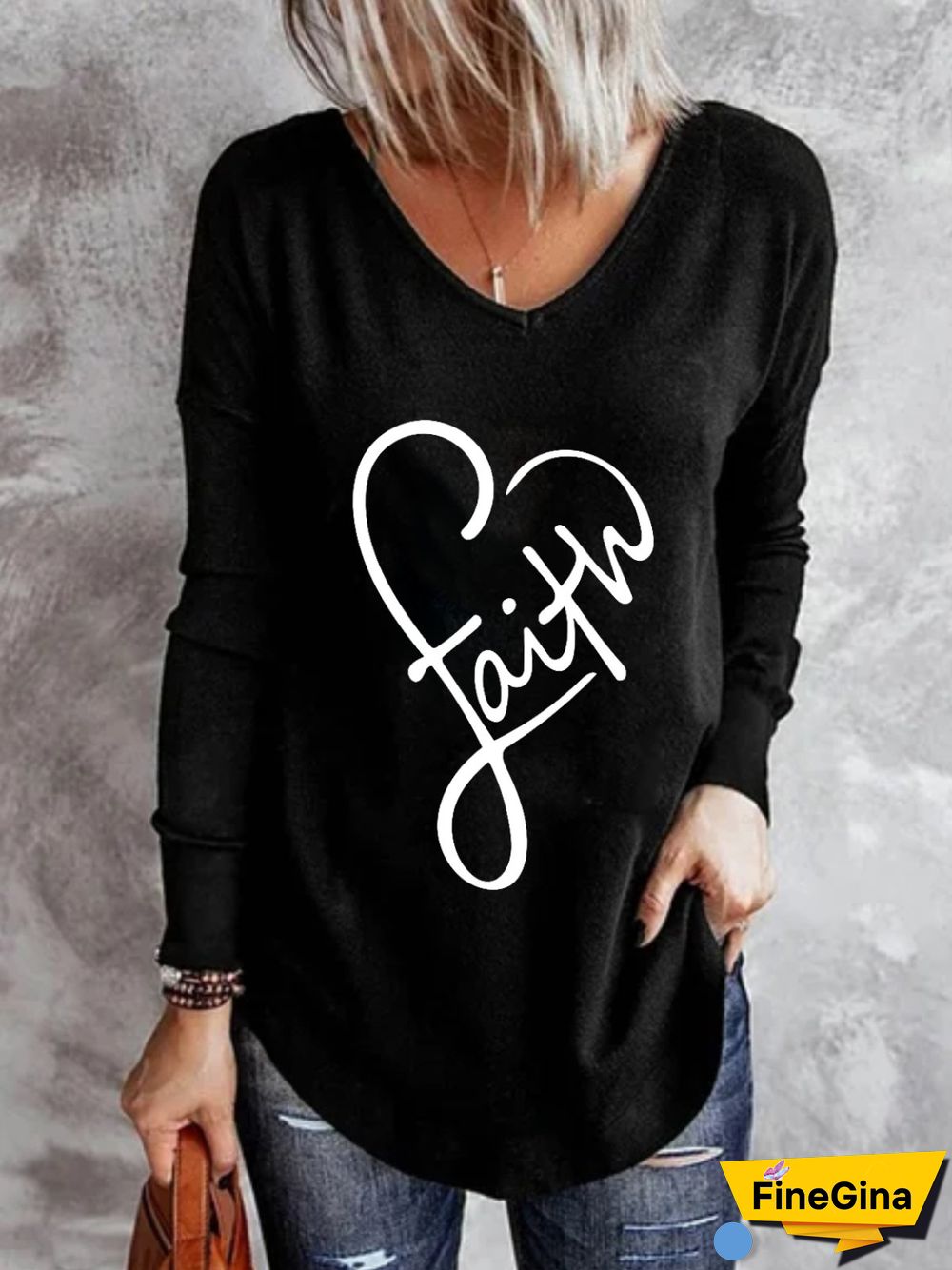 Casual Long Sleeve V Neck Plus Size Printed Tops T-shirts