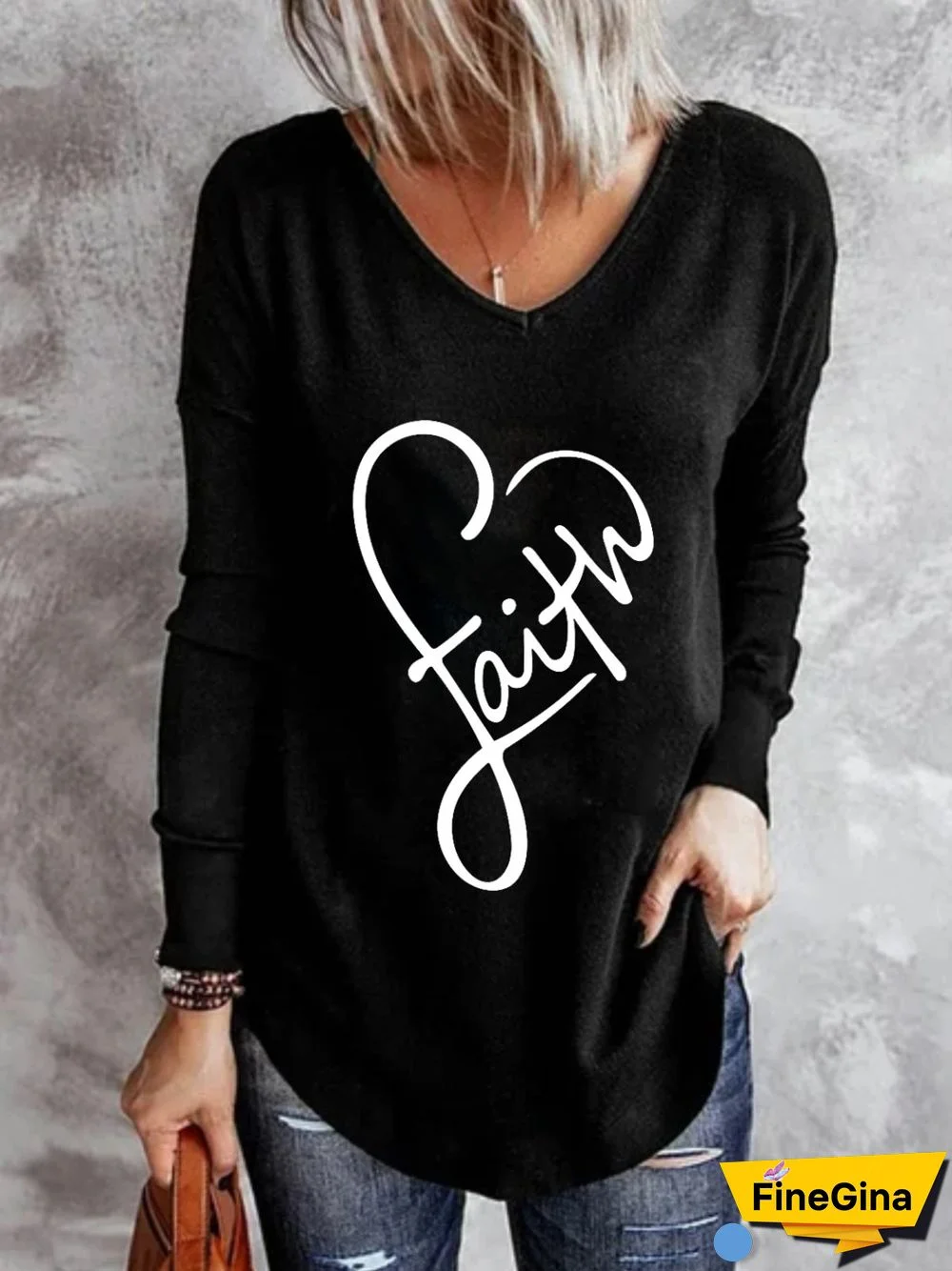 Casual Long Sleeve V Neck Plus Size Printed Tops T-shirts
