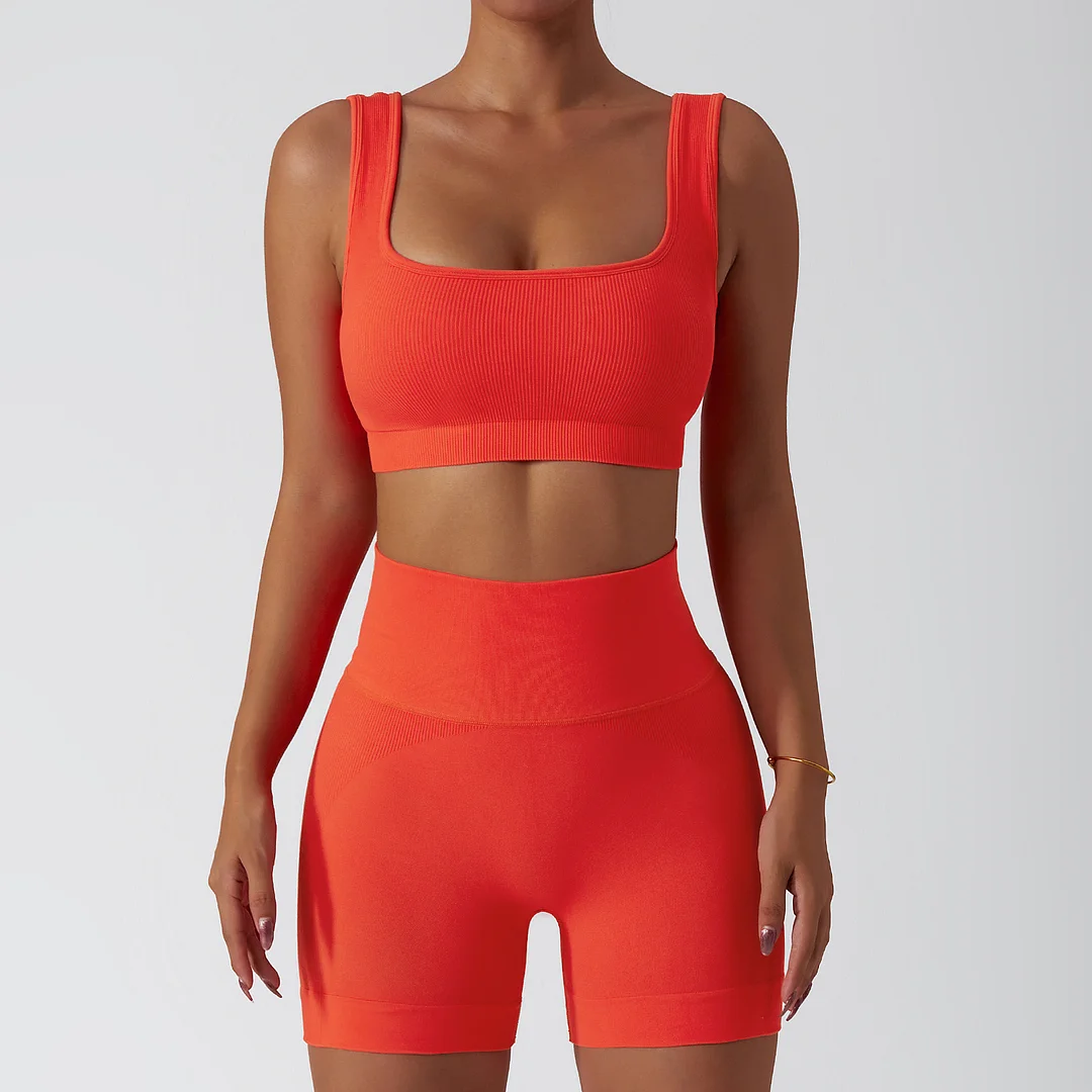 Solid square neck sports vest + shorts 2-piece set