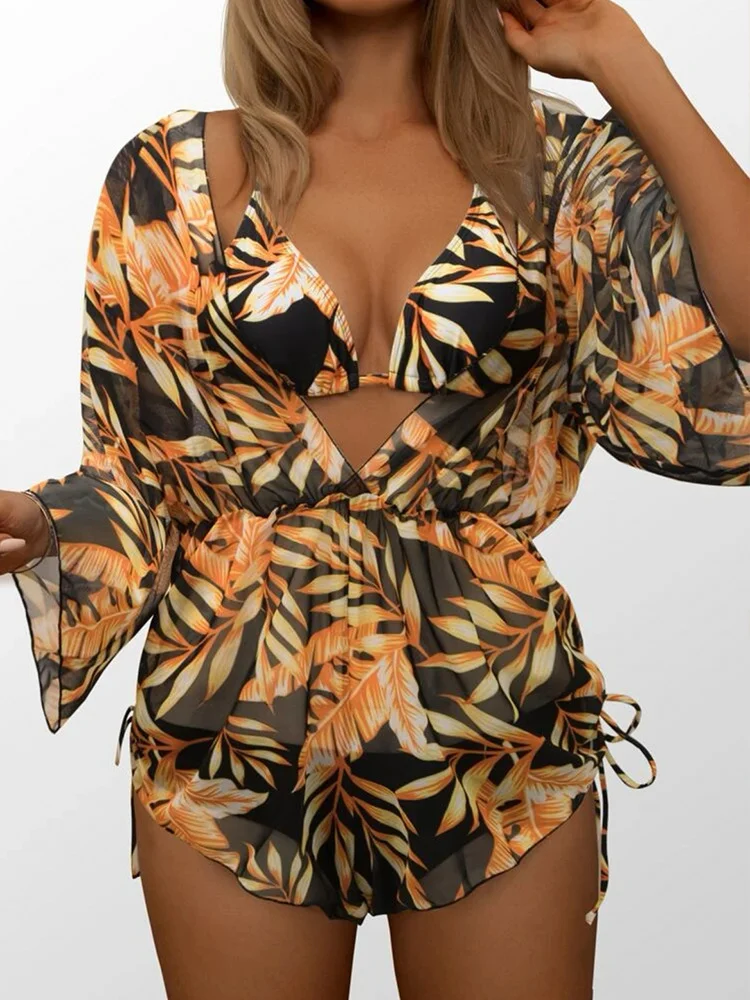 Wongn Wongn Long Sleeve Mesh Harness Waist One-Piece Swimsuit High Waist Print Drawn Rope Three-Piece Bikini