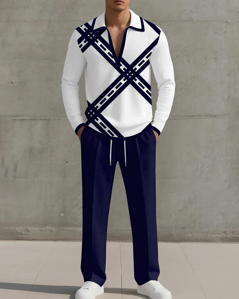 Big & Tall Men's Dark Blue Geometric Print POLO V-neck Long Sleeve Pants Two-piece Set