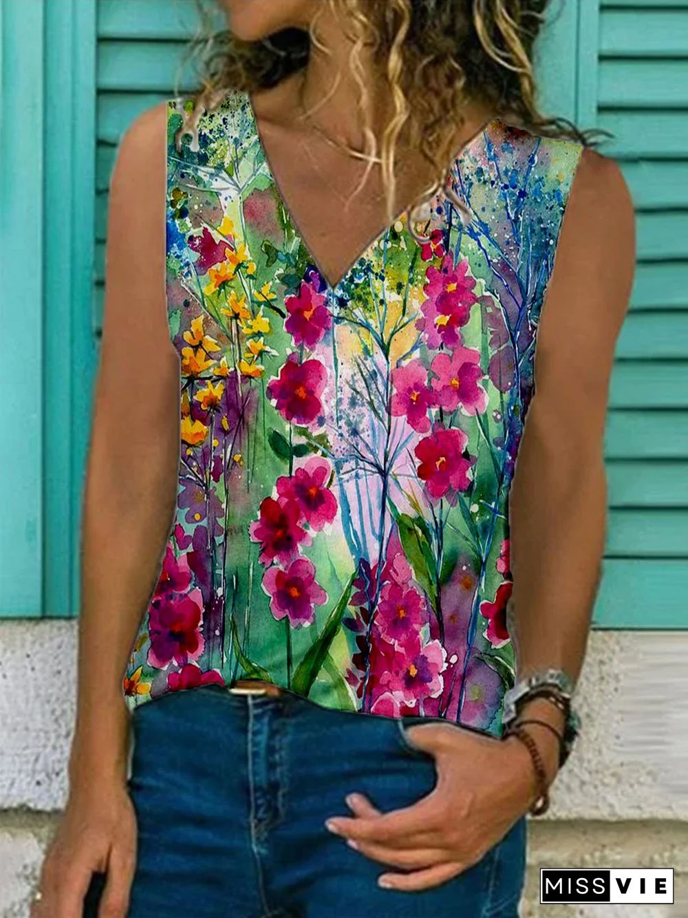 Sleeveless Casual V Neck Floral T-shirt