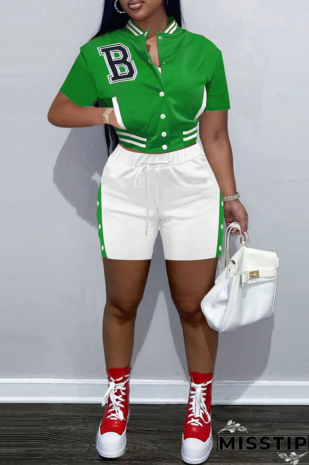 Green Fashion Casual Letter Embroidery Patchwork Short Sleeve Two Pieces