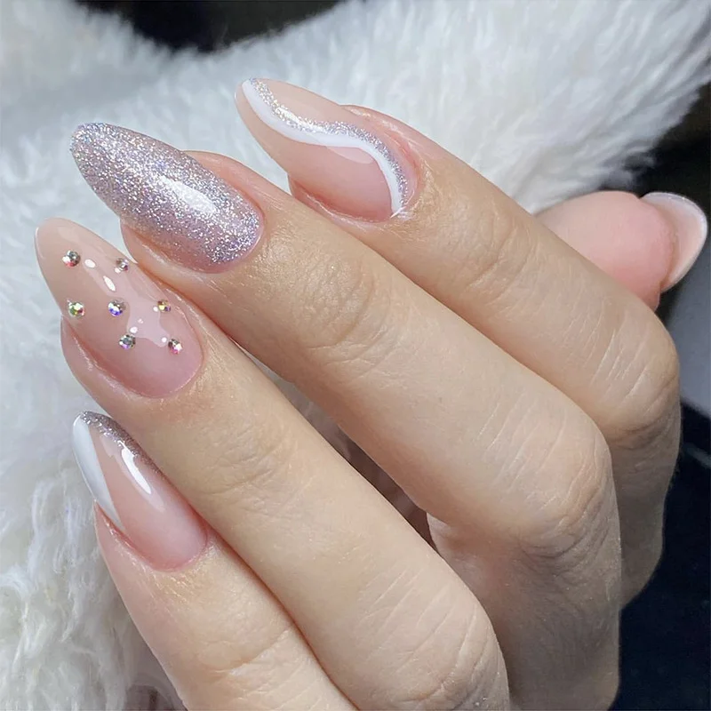 Glitter Beveled French Style Press On Nails with Jelly Double Sided Nail Adhesives 24 pcs