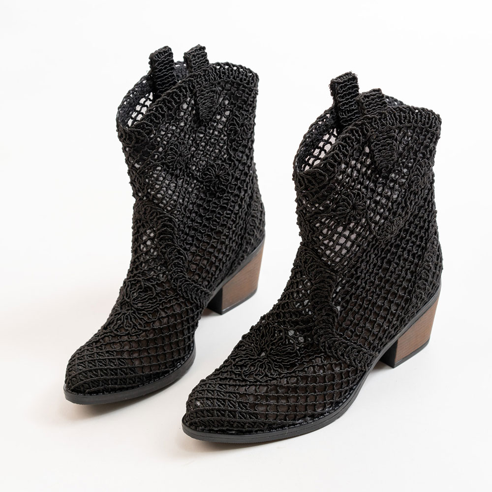 Women‘s Classic Mid Block Heel Hollow-Out Black Western Boots Nicepairs