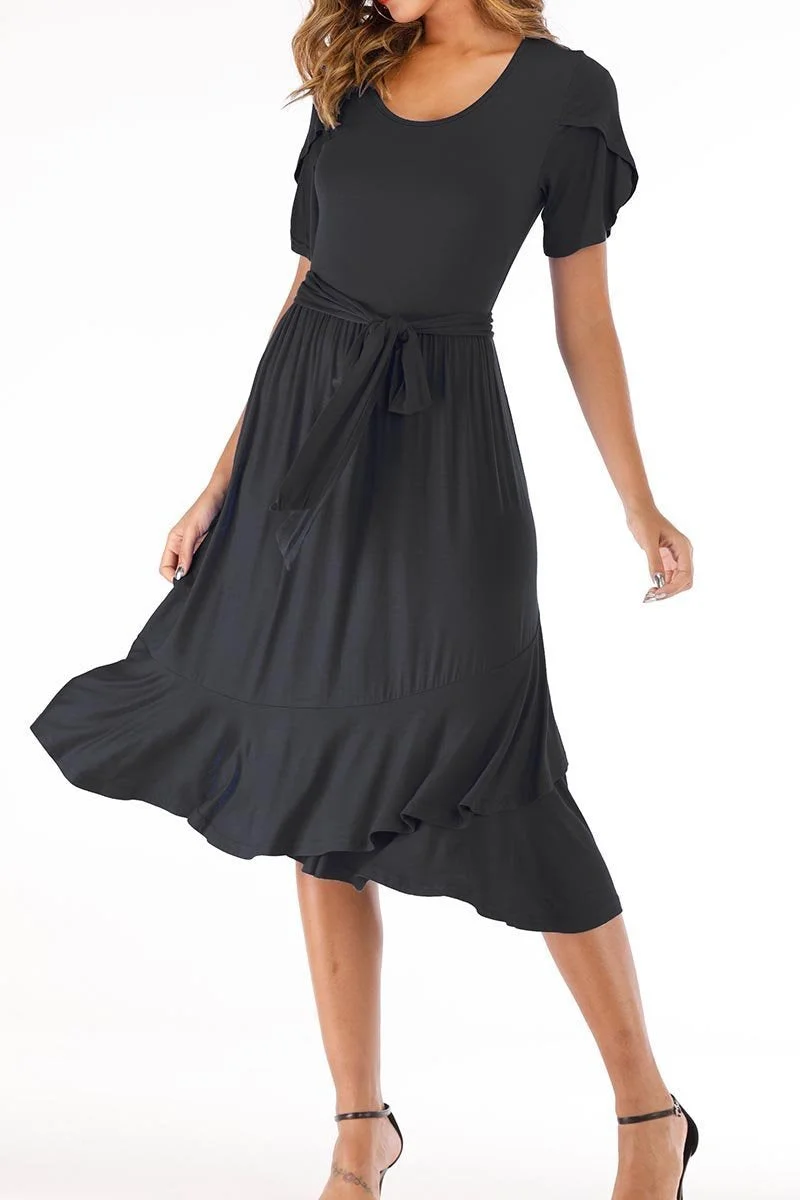 Casual Midi Dress with Belt(4 Colors)