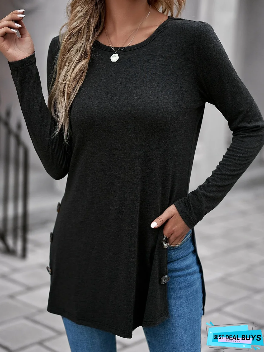 Crew Neck Loose Plain Tunic T-Shirt