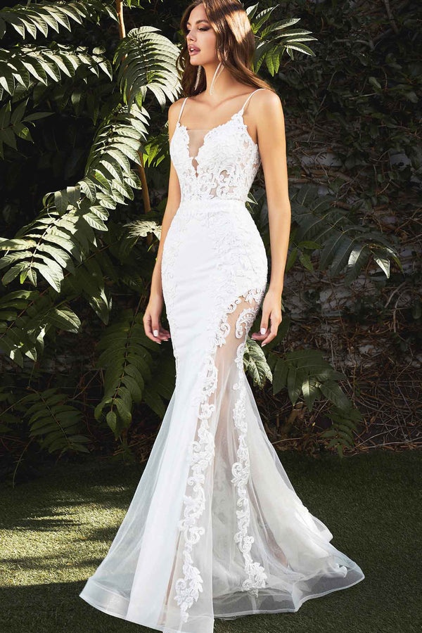 Ovlias Fashion White Spaghetti Strap Applique Sheer Mermaid Evening Dress LY0708