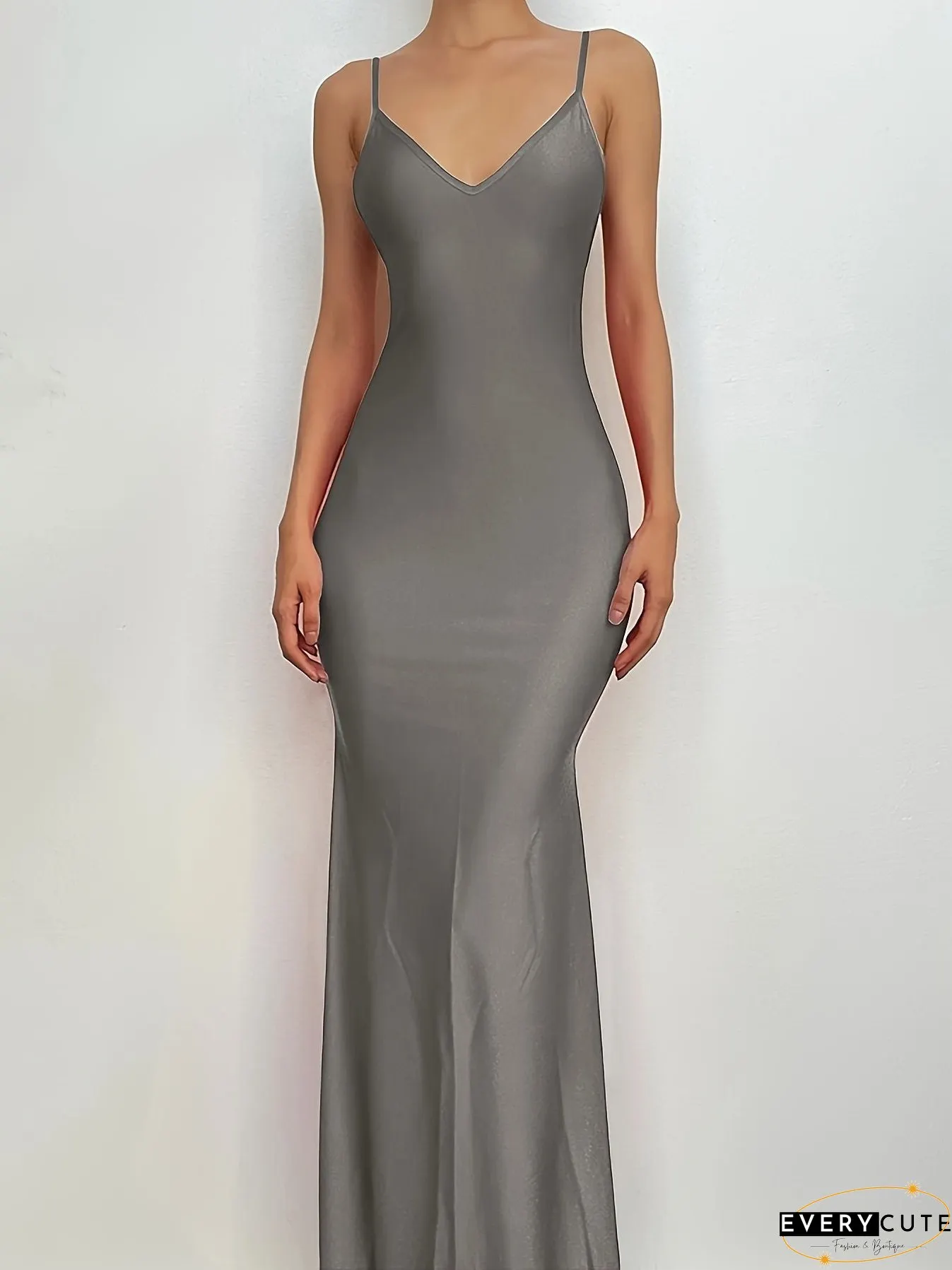 Backless Spaghetti Strap Dress, Sexy V Neck Solid Bodycon Party Club Dress, Women's Clothing