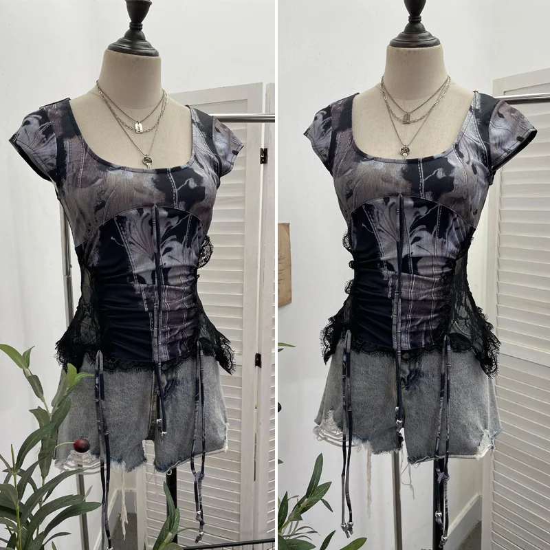 Nigikala Nigikala Industrial Lace Splicing Elastic Print With Bow Short-Sleeved T-Shirt 6185