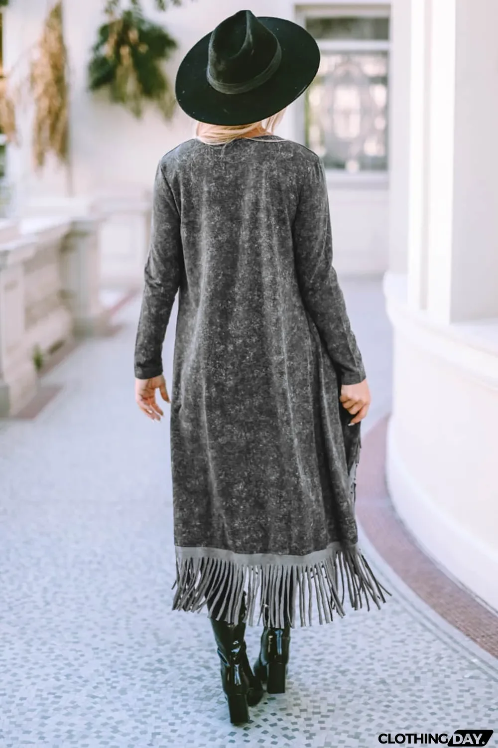Black Fringed Hem Pocketed Open Cardigan