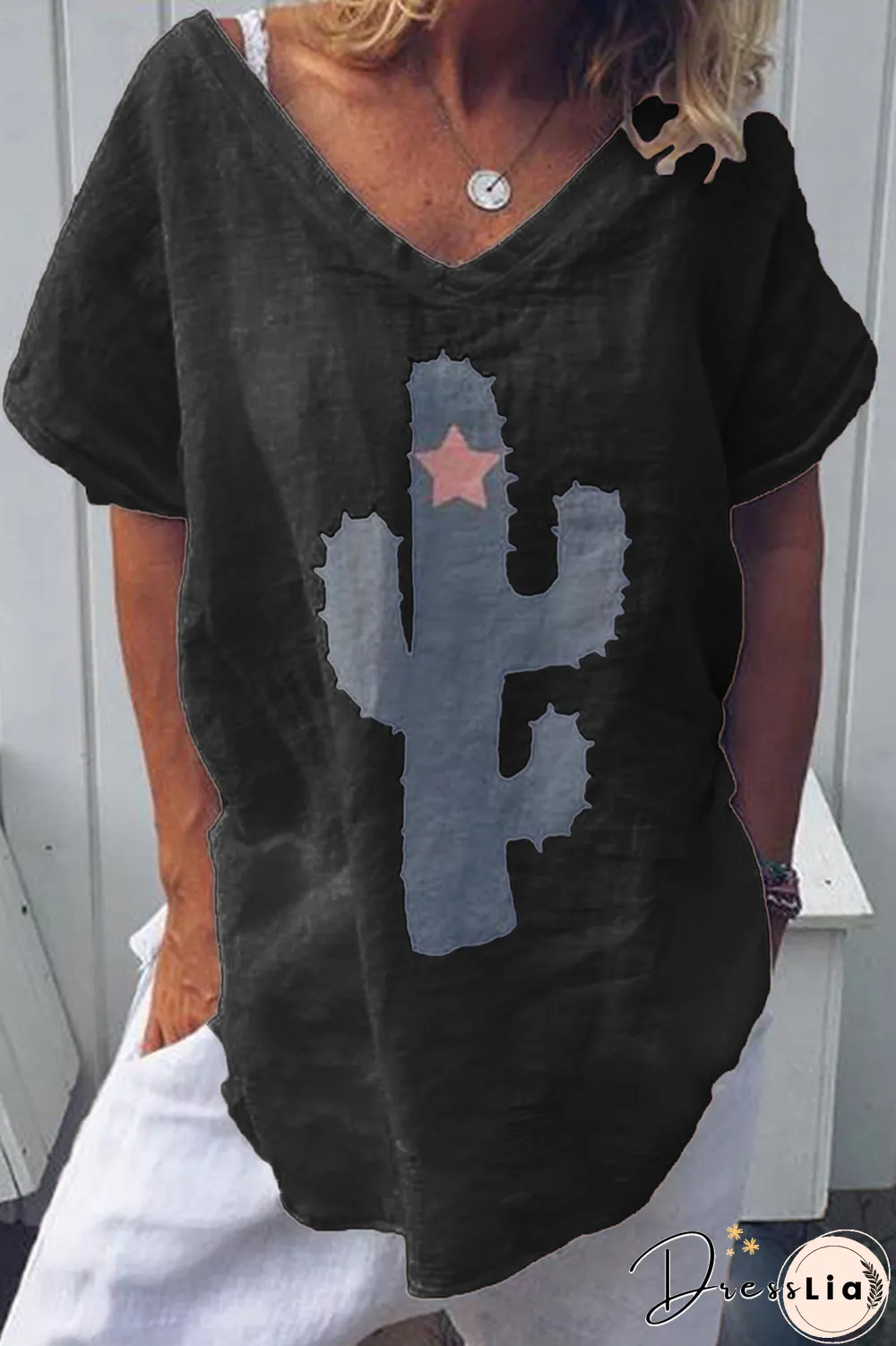 Fashion Print Split Joint V Neck T-Shirts(5 Colors)