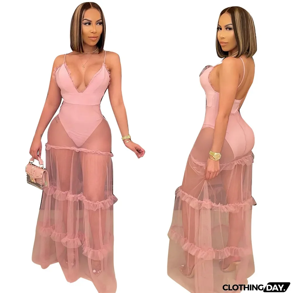 V-neck Solid Color Suspender Dress With Mesh Stitching Wood Ears