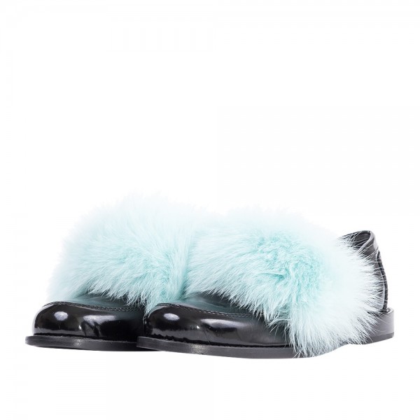 Black Patent Leather Blue Faux Fur Decor Flat Loafer Shoes Women Nicepairs