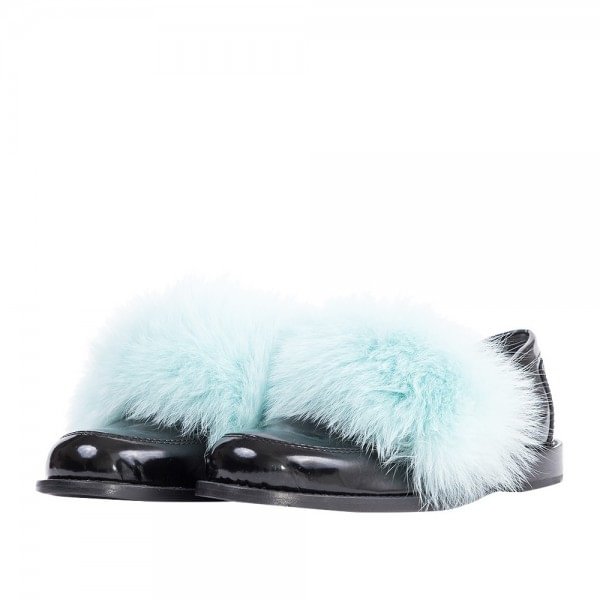Light Blue Furry Black Penny Loafers for Women Patent Leather Flats Nicepairs