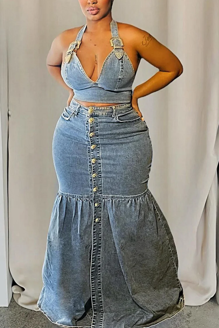 Plus Size Party Blue V Neck Denim Two Piece Skirt Sets [Pre-Order]