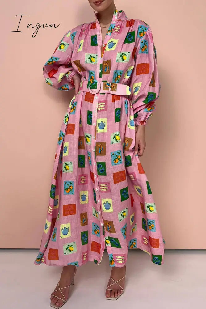 Ingvn - Sweet Elegant Print With Belt Mandarin Collar Printed Dress Dresses Pink / S Dresses/Casual