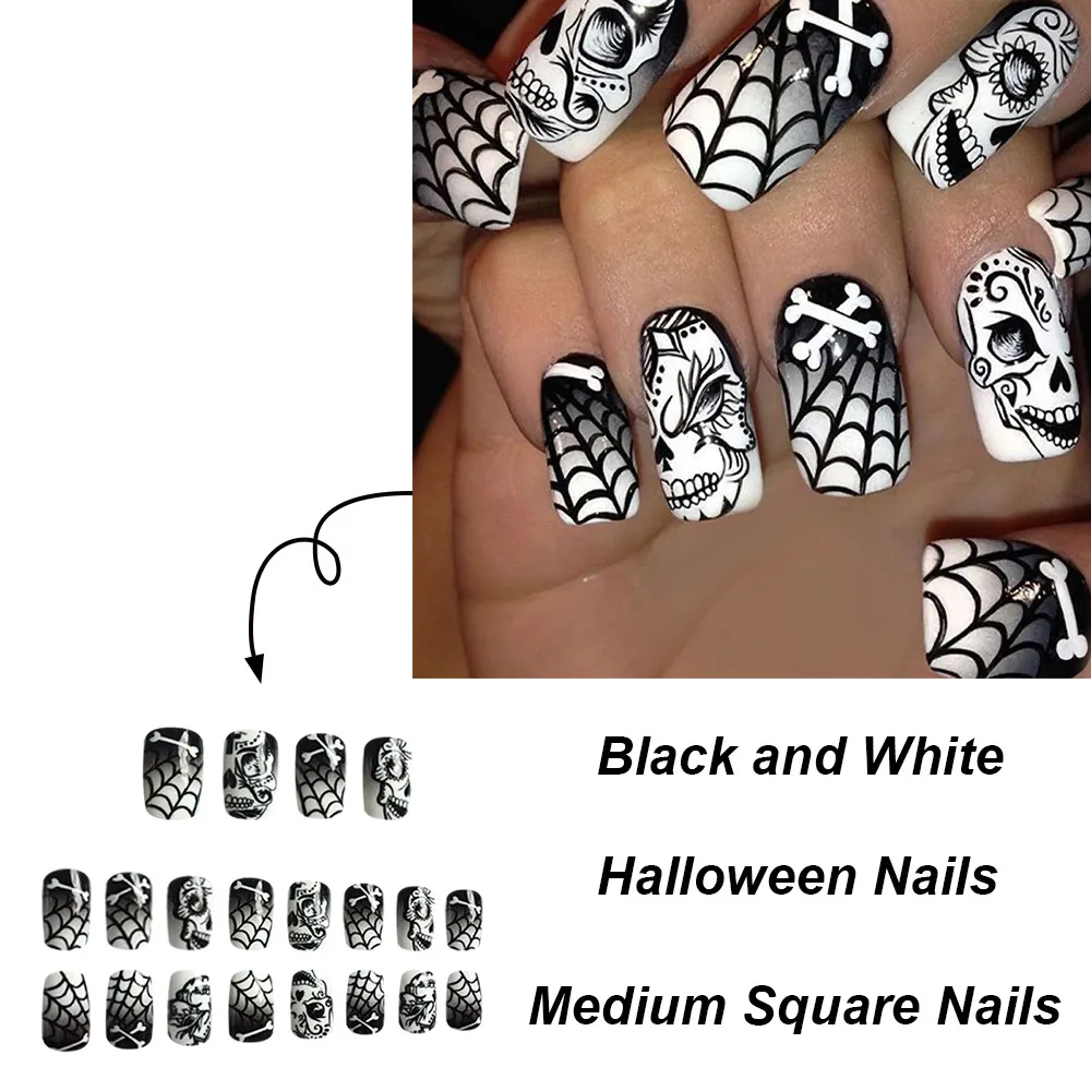 Churchf Churchf Chinese Nail Demon Bone Spider Web Halloween Element Fake Nail Finished Products Wear Nail Holiday Nail