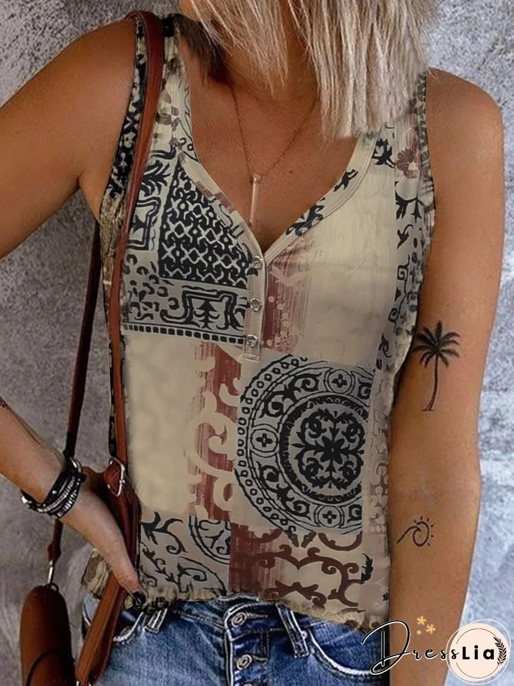 Ethnic Sleeveless Buttoned V Neck Plus Size Casual Tanks