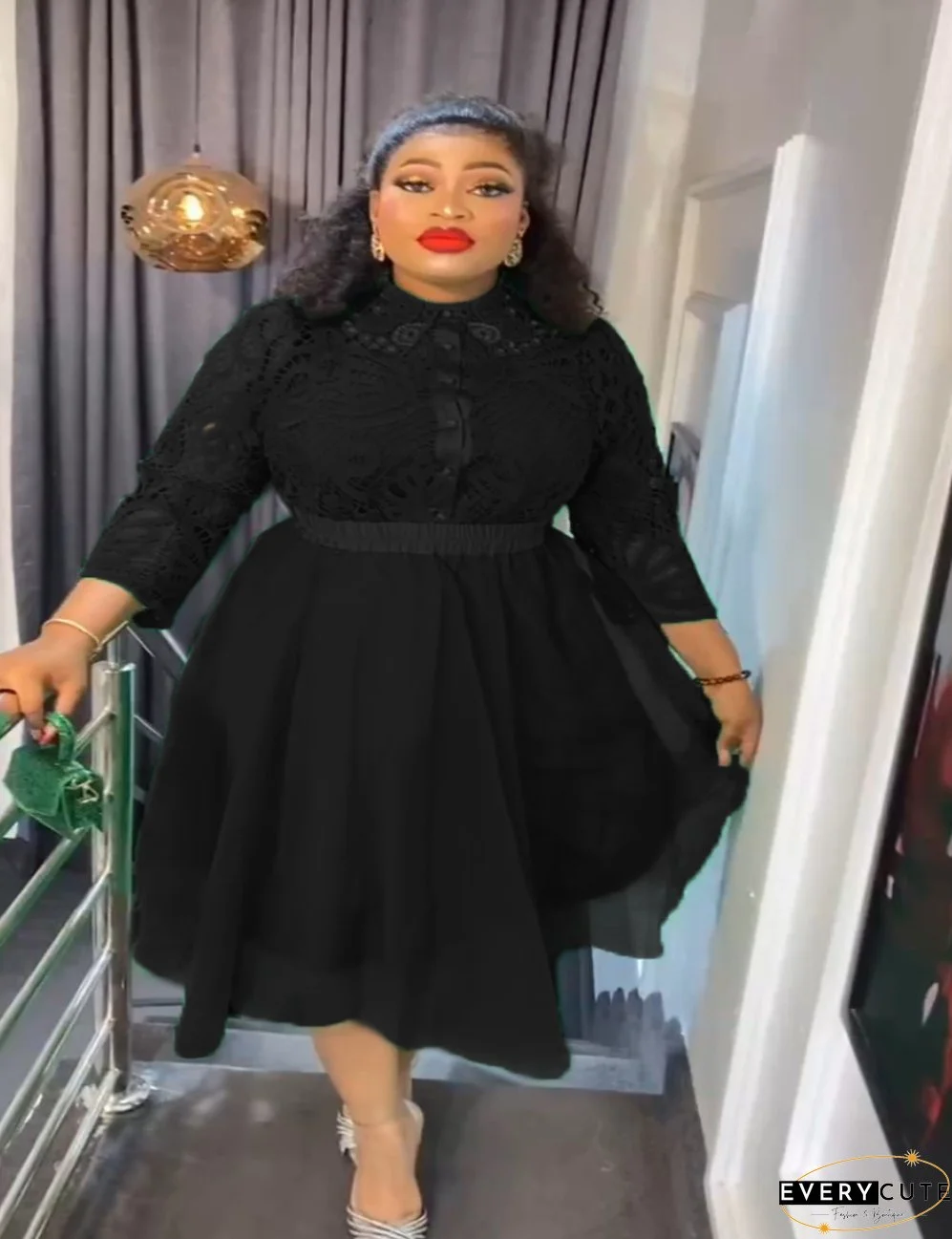 Africa Plus Size Women Lace Turndown Collar Dress Three-Piece