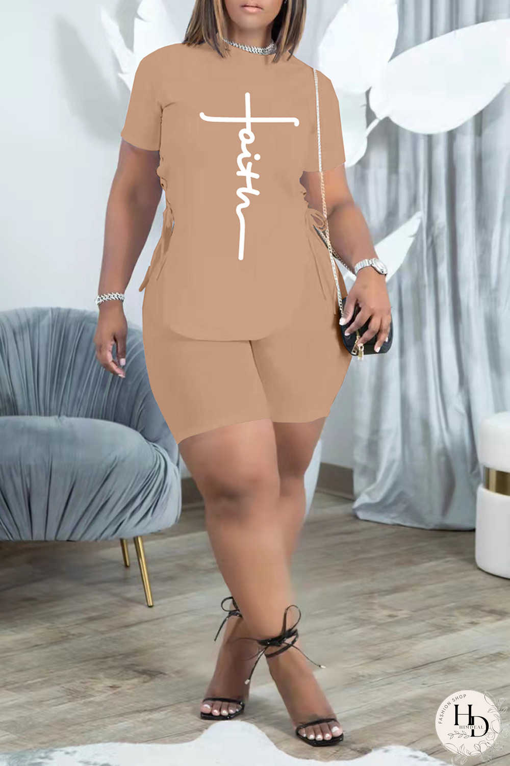 White Casual Print Draw String O Neck Short Sleeve Two Pieces