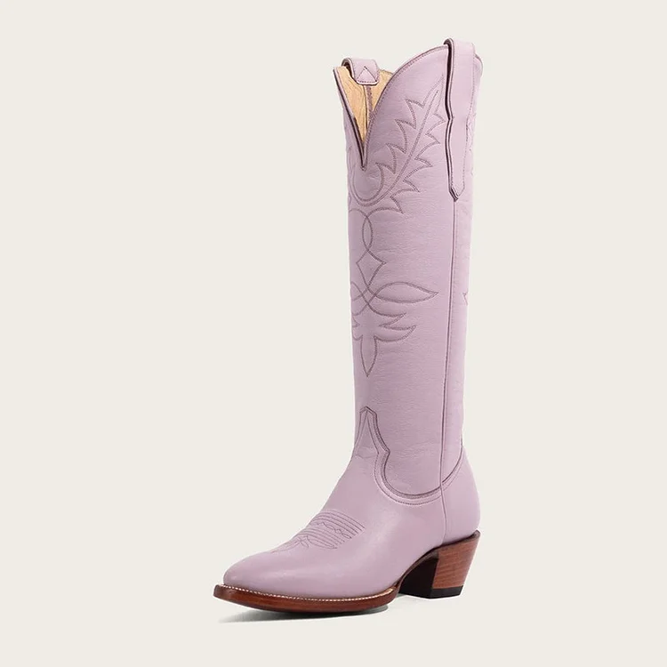 Light Purple Pointy Toe Block Heel Embroidered Mid-Calf Cowgirl Boots |FSJ Shoes