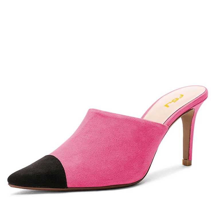 Pink & Black Vegan Suede Pointed Toe Stiletto Heel Mules Shoes |FSJ Shoes